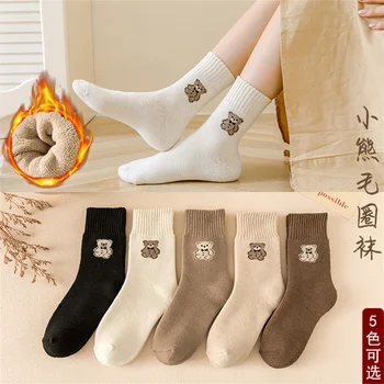 Чорапи дамски Топли през есента и зимата, зимни чорапи със средна дължина, с Изображение на Мечка, дебели плюшени Универсални Хавлиени Чорапи