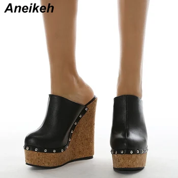 Aneikeh/новост 2023 г.; сезон пролет-есен, модни дамски чехли, обувки от изкуствена кожа с нитове и кръг пръсти на танкетке ; дамски обувки в стил мозайка; Zapatos De Mujer