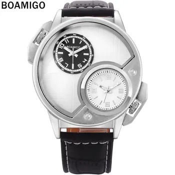 BOAMIGO 2016 нов популярната марка за мъжки часовници модерни ежедневни кварцов часовник с двойно Време-бели скали арабски цифри кожена каишка