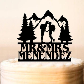 Персонализирани topper за планински, сватбена торта, Младоженеца и булката, Туризъм Сватба, Изработени по Поръчка в цилиндър за Планински Торта, Topper за Торта с Дърво за Парти