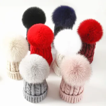 Дебела топла зимна Дамска шапка, ежедневни вълнени crochet-шапки, шапки райе с тъкани модел, тюбетейки с кожа помпоном