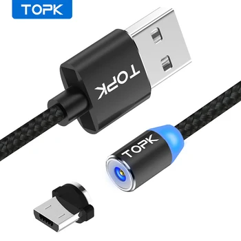 TOPK AM23 Магнитен Кабел 1 М и 2 М Micro USB Кабел Led Индикатор Найлонова Оплетка Магнит Кабел За Samsung S7 Edge