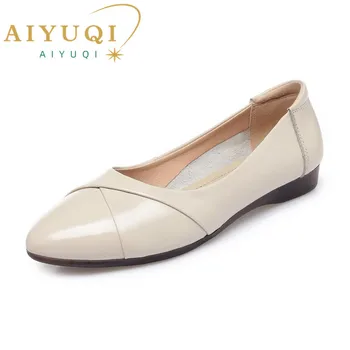 AIYUQI/2023 г. Есенни Нови дамски обувки на плоска подметка от естествена кожа с удобни подметки, Големи Размери 41, 42, 43, Ежедневни лоферы, обувки за майките