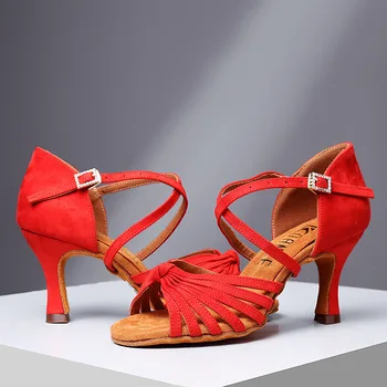 Нови кашмир обувки на висок ток цвят карамел за възрастни, дамски обувки за латино танци, професионални танцови обувки на национален стандарт, танцови обувки 7,5 см