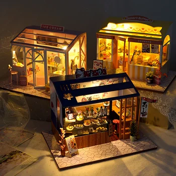 DIY Wooden Куклена Къща В Събирането на Суши Магазин за Десерти С Миниатюрни Мебели Куклена Къща Casa Играчки За Деца Подаръци За Възрастни