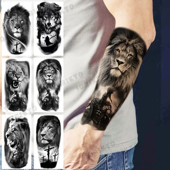 Черен Лъв Войн Временни Татуировки За Възрастни Мъже Вълк Кръст Фалшиви Татуировки Реалистични Водоустойчив Средства За Грижа За Кожата Книга За Изкуството На Украса На Татуировка Стикери