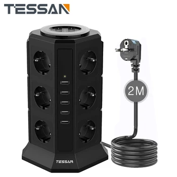 Вертикална сила лента TESSAN Black Tower 12 розетки ac, 5 USB и удлинительным кабел с дължина 2 м с защита от претоварване за дома / Офиса