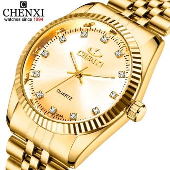 Златни Нов Часовник златни Модерен Мъжки часовник напълно златни Кварцов часовник от Неръждаема Стомана Ръчен часовник на Едро CHENXI Златни часовници за мъже
